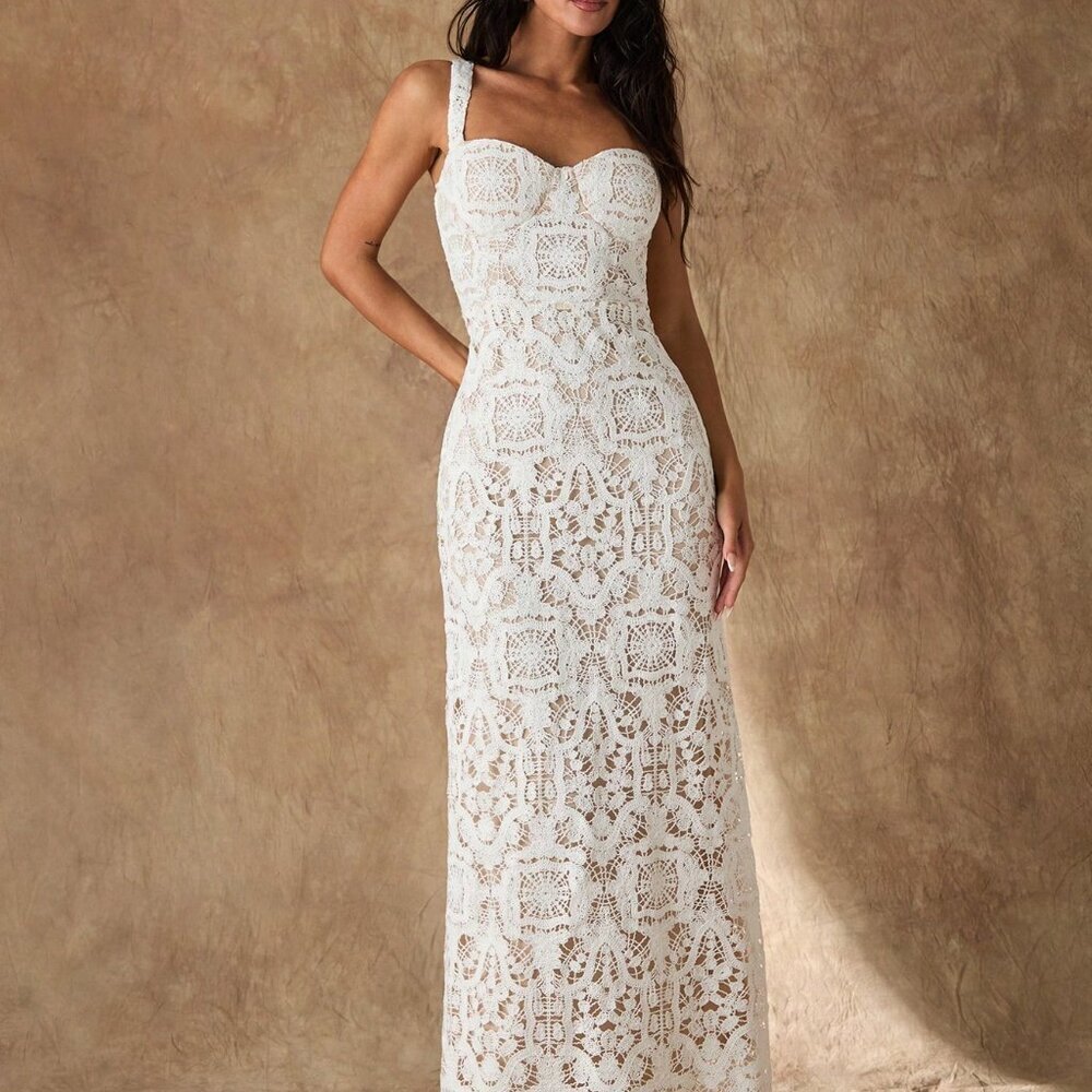 White Elegant Women's Floral Lace Party Dress with Spaghetti Strap